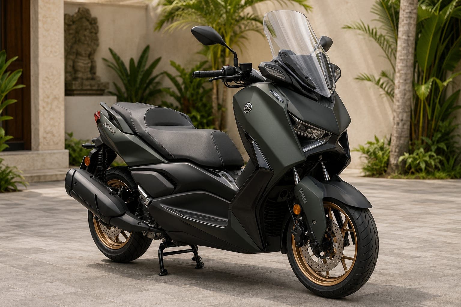 Yamaha XMAX 250 adventure scooter in matte dark green with gold wheels, available for rent in Bali